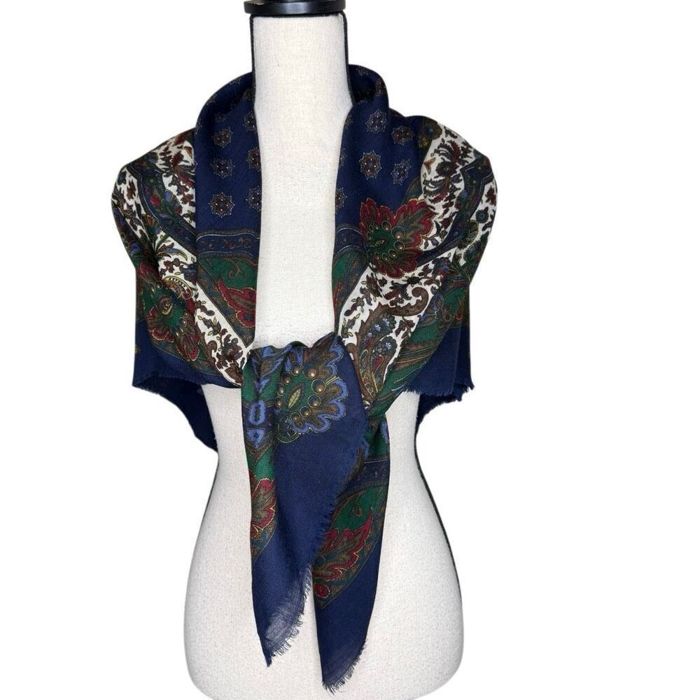 Pinto Wool Challis Scarf/Shawl White, Blue, Green & Burgundy Botanical 45” X 46”